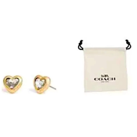 COACH Logo Crystal Heart Stud Gold-Tone Earrings with Signature Pouch NEW - Picture 3 of 5